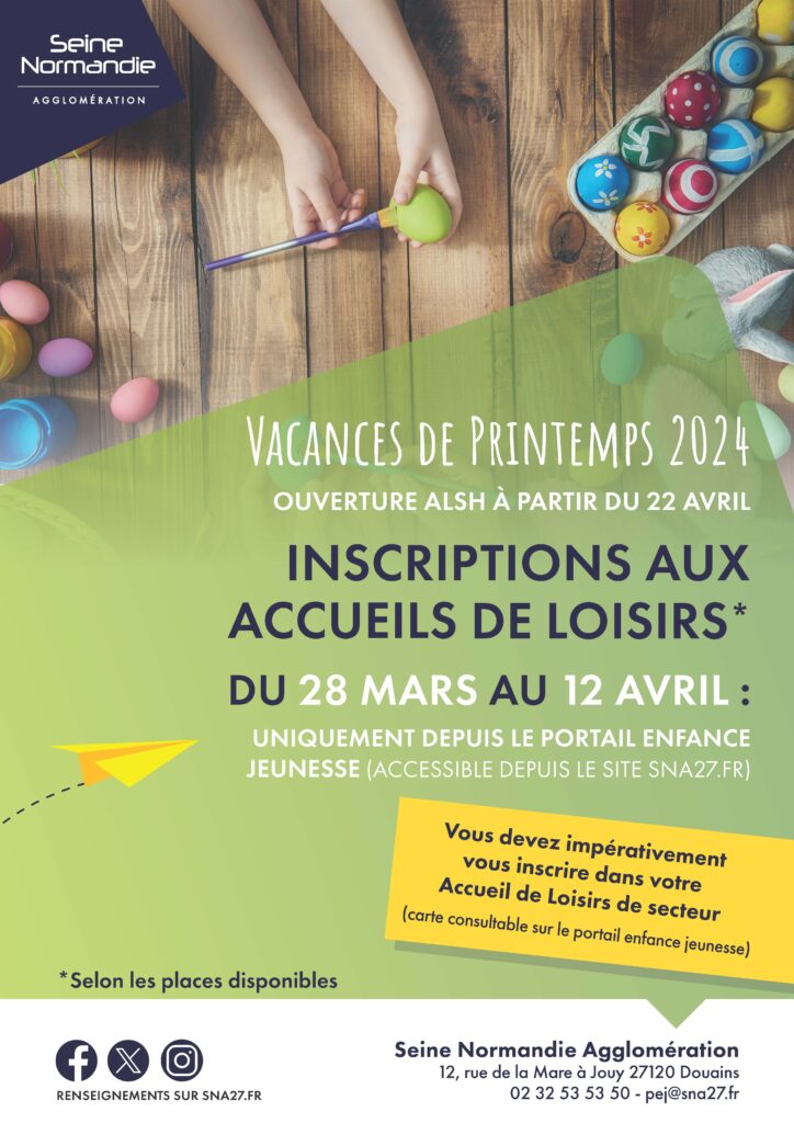 Affiche inscriptions vacances de Printemps 2024 Alsh SNA