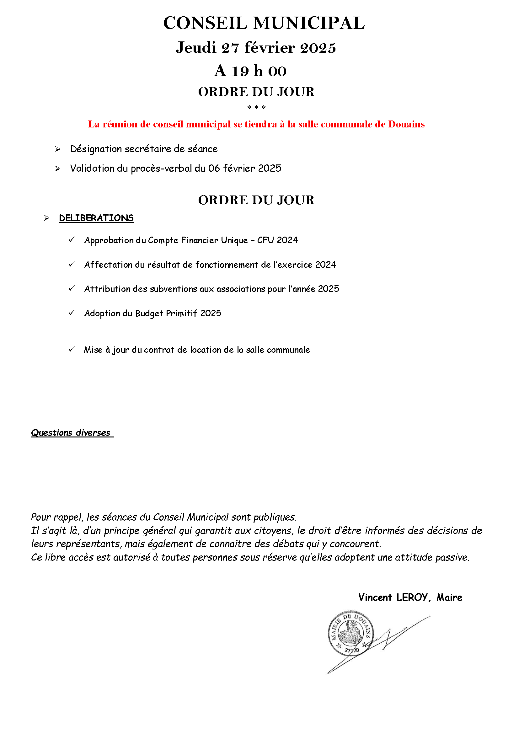 ordre du jour 27 fevrier 2025
